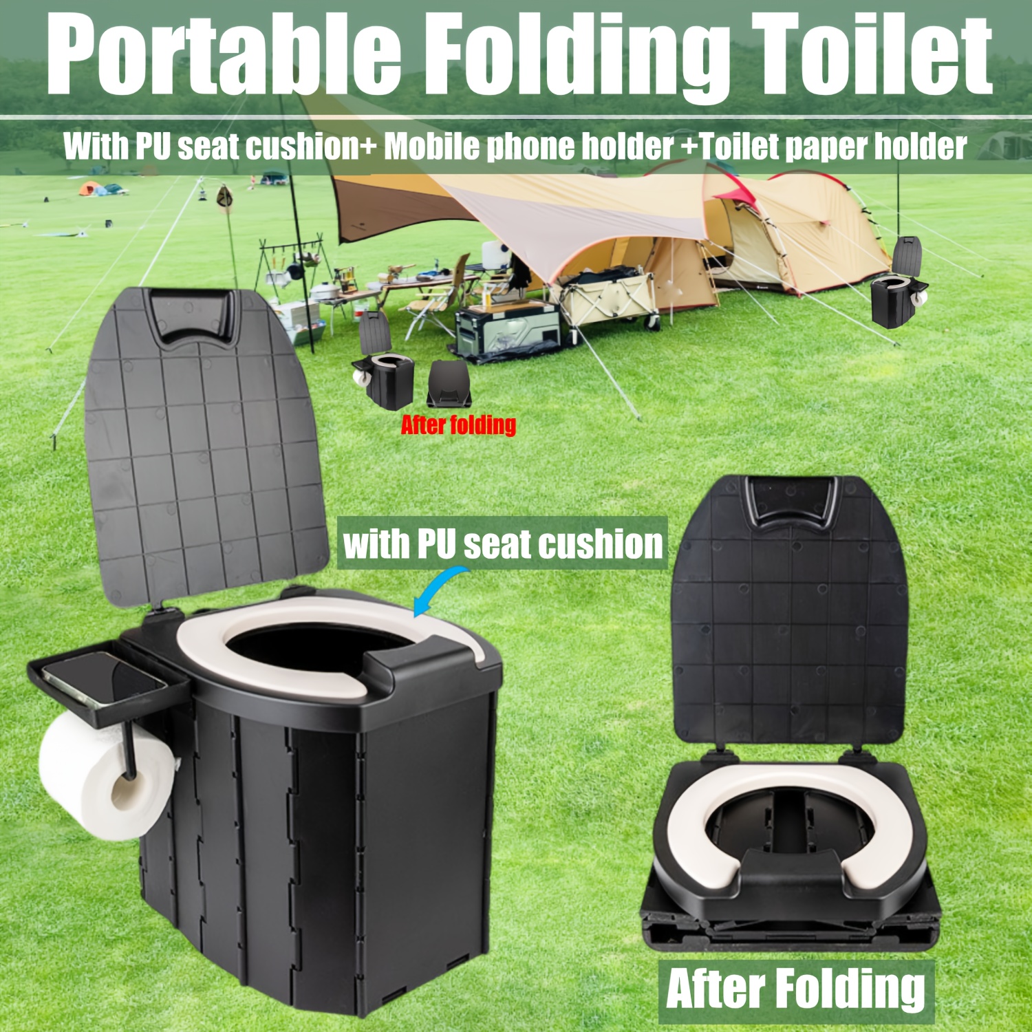 

Portable Folding Toilet With Pu Seat Cushion, Portable Toilet With Lid For Rv, Car, Camping, Hiking, Travelling