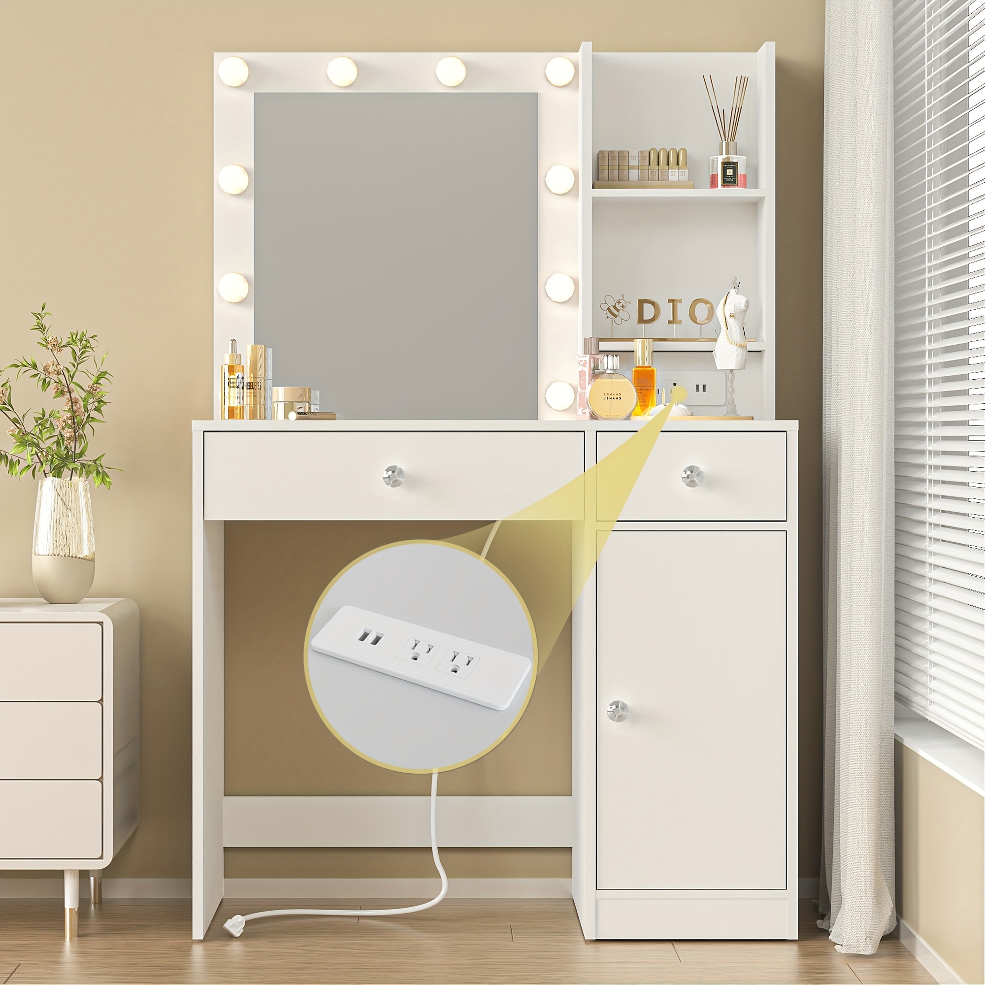 

Vanity Desk With Mirror And Light, 35 Inch Make Up Vanity With Power Outlets, Dressing Table Makeup Desk With Drawers And Cabinet, 3 Lighting Modes, Dressing Table For Bedroom, White