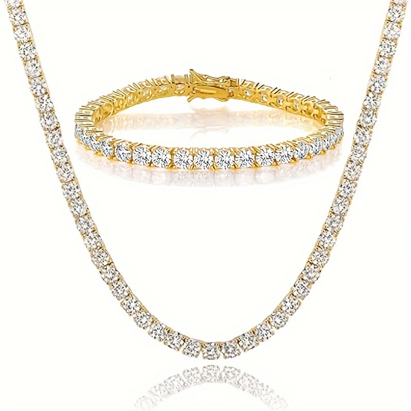 

Necklace Bracelet Set 18k Gold 3mm Round Zirconia Cut Diamond For Women