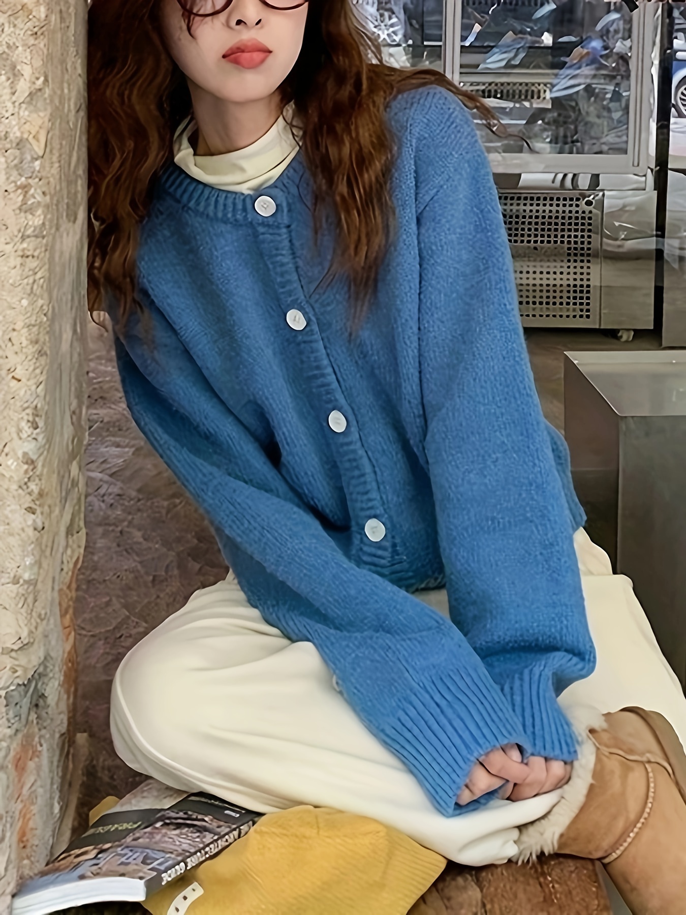 Crew Neck Cardigan Outfit Light Blue Oversized Cardigan UPPADA