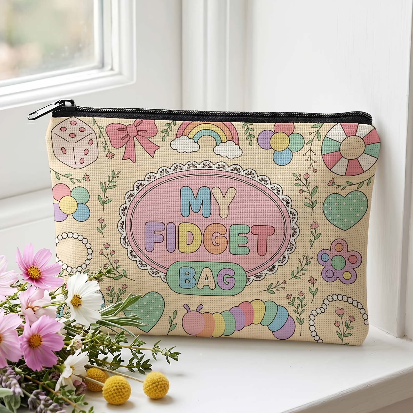 TEMU 1pc Durable Cosmetic Bag With My Fidget Bag Pattern, Travel Toiletry Bag And Storage Pouch, Daily Cosmetics Organization, Ideal Gift For Family,