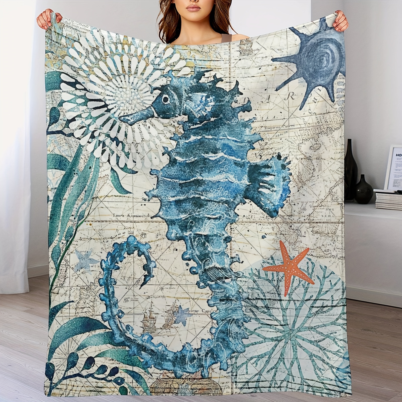 

Sea Horse Car Interior Blanket Smooth Soft Ocean Mediterranean Style Theme Print Throw Blanket For Boys Women Sofa Chair Bed Office Birthday Gifts 80x60in
