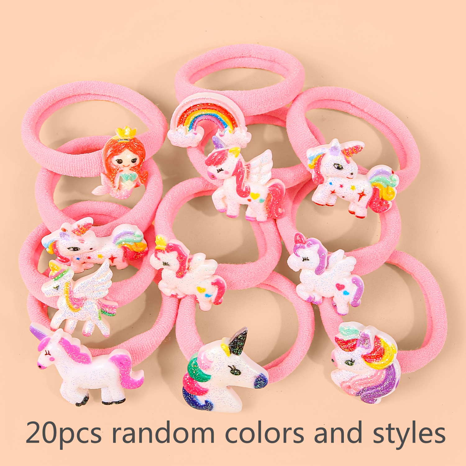 Image of 20pcs Random Color Resin Pony Pink Towel-style Hair Ties, Cute Cartoon Hair Ties For Ponytails, Suitable For And Teens, Exquisite And Pretty Hair Tie Gift