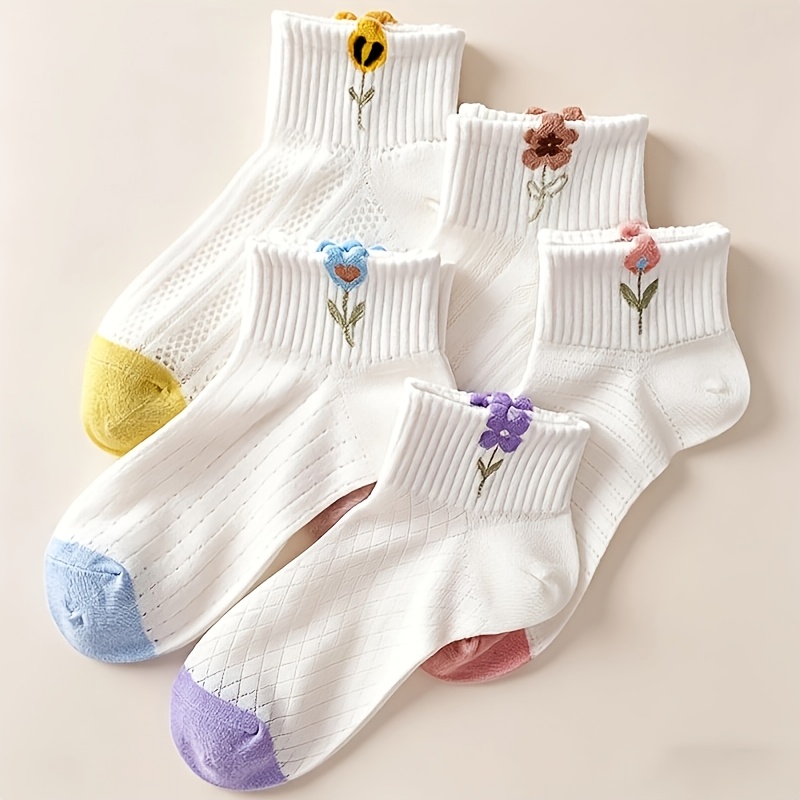 TEMU 5 Casual Giapponesi Casual All-Match per Casa e Esterno Ricamate con Piccoli Motivi Calzini Corti Estivi in Rete Carini All-Match