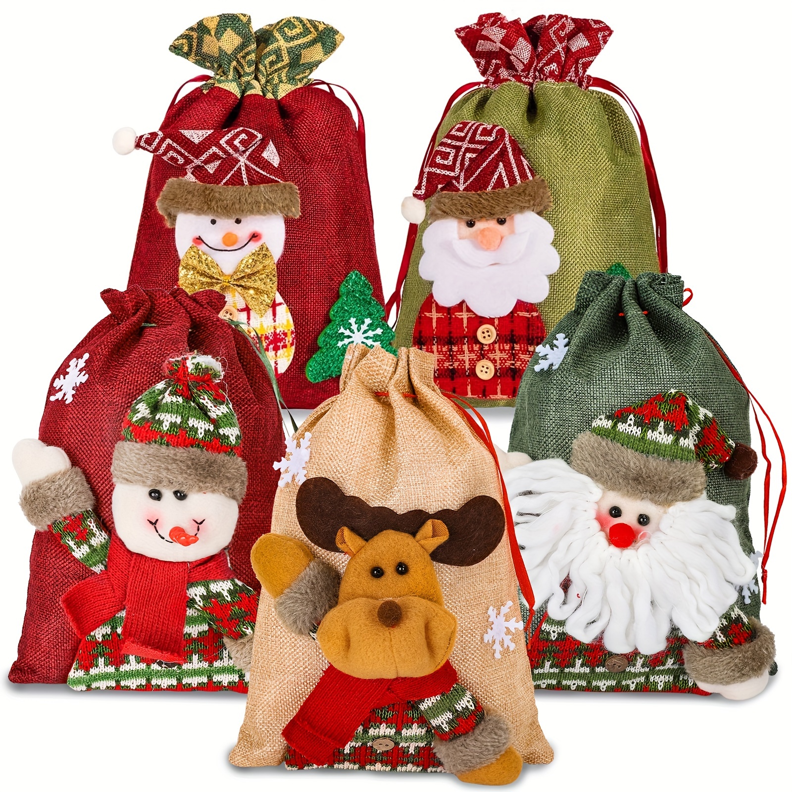 

5-pack Rustic Christmas Bags, 3d Drawstring Gift Pouches, 8x11in & 8x12in, Red & Green Burlap Treat Bags, Holiday Party Favor Sacks, Home & Kitchen Decor