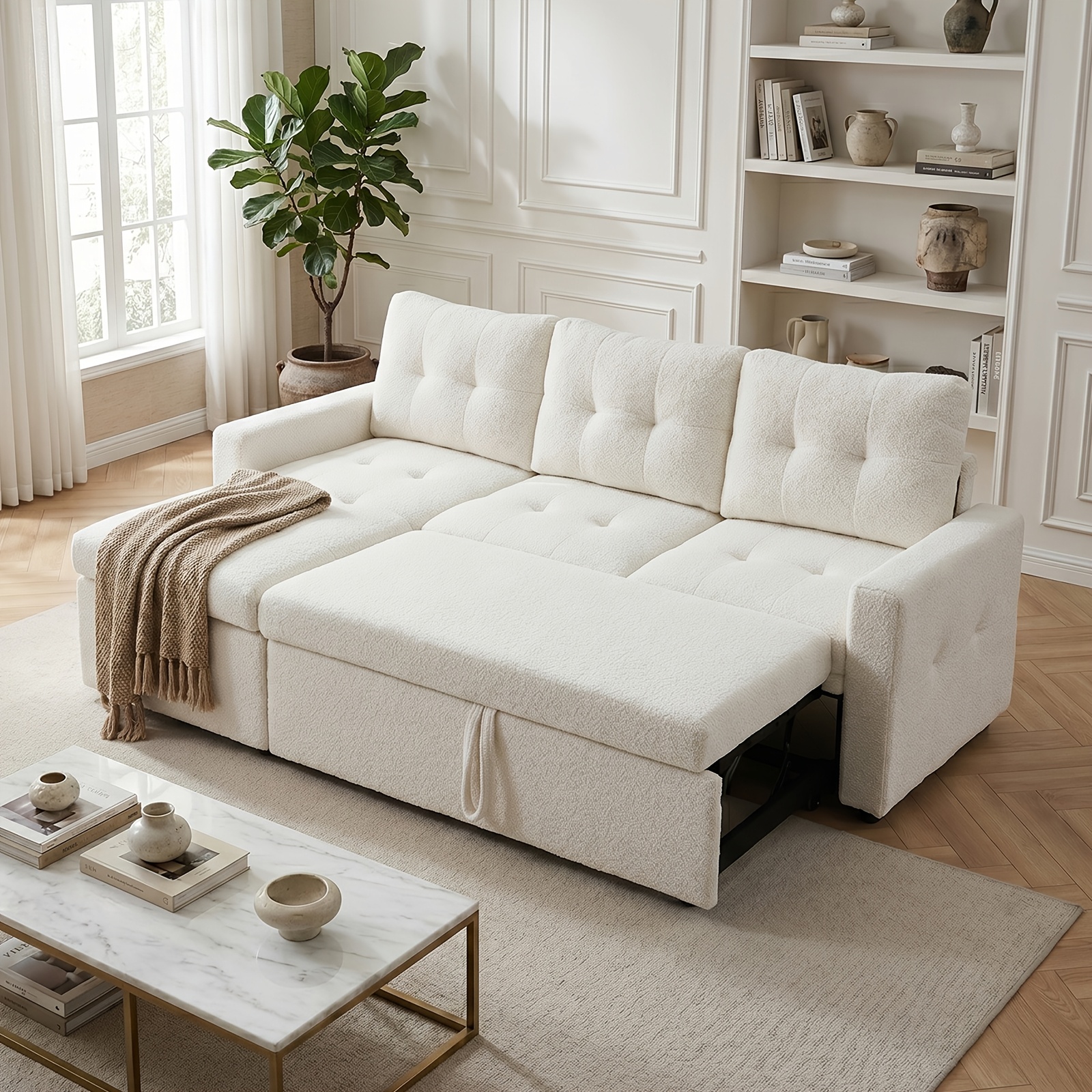 Image of Jiexi L-shaped Retractable Lazy Sofa, Three-seater, Wool Velvet Material, With Storage Function, White, Load-bearing 362kg, Suitable For Living Rooms And Apartments