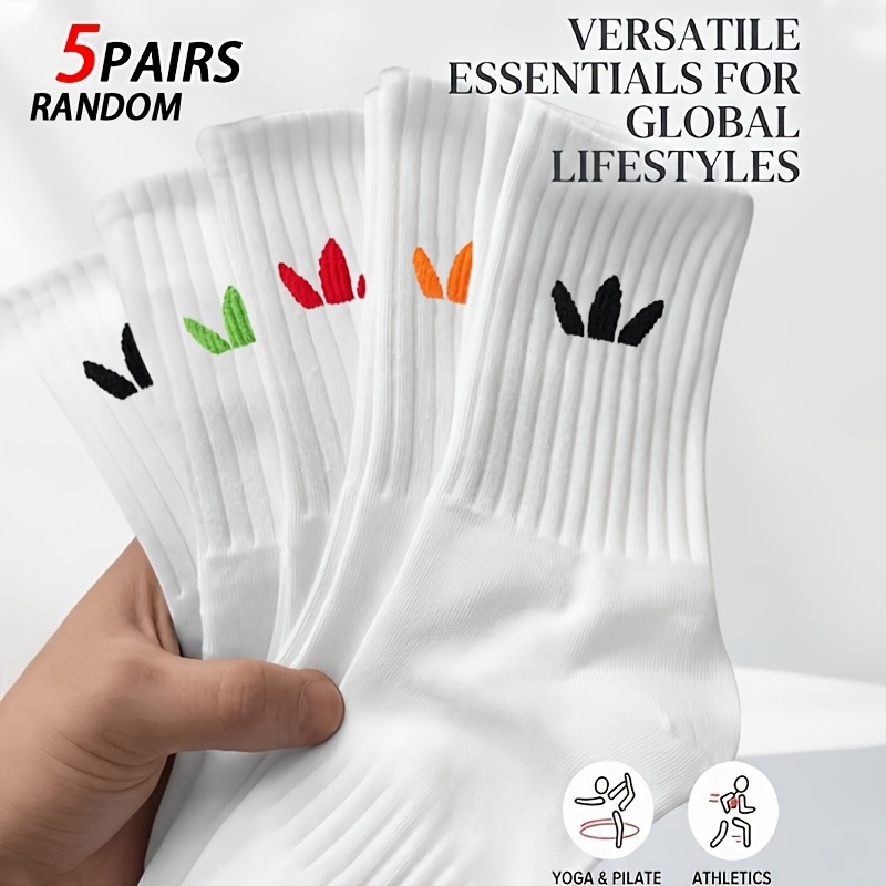 TEMU 5 Pairs Random Women/men Unisex Comfortable Breathable Mid-calf Sports Socks, White Casual And Outdoor Wear Socks