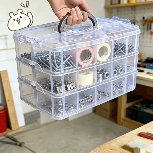 three tier 18 compartment transparent storage box with lid and handle transparent tool organizer suitable for sorting screws nuts and nuts