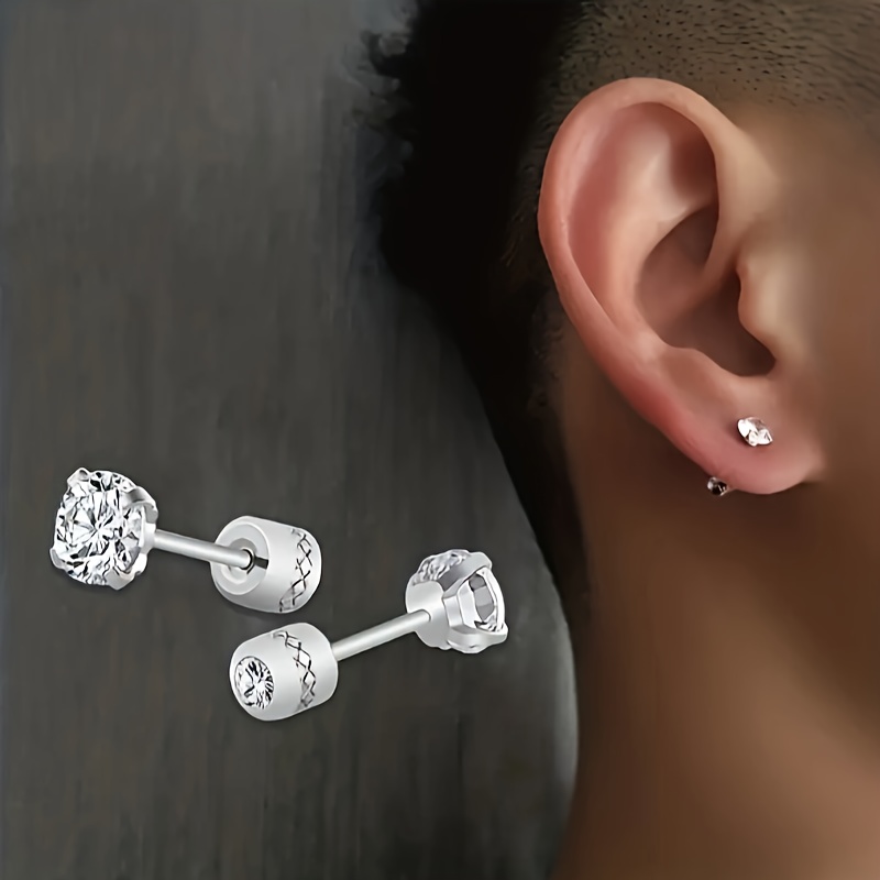 A Pair of Minimalist Men'S 3D Cut Synthetic Synthetic Zircon​​ Earrings, Unisex Cartilage Studs, Suitable for Everyday Wear And Christmas Gifts