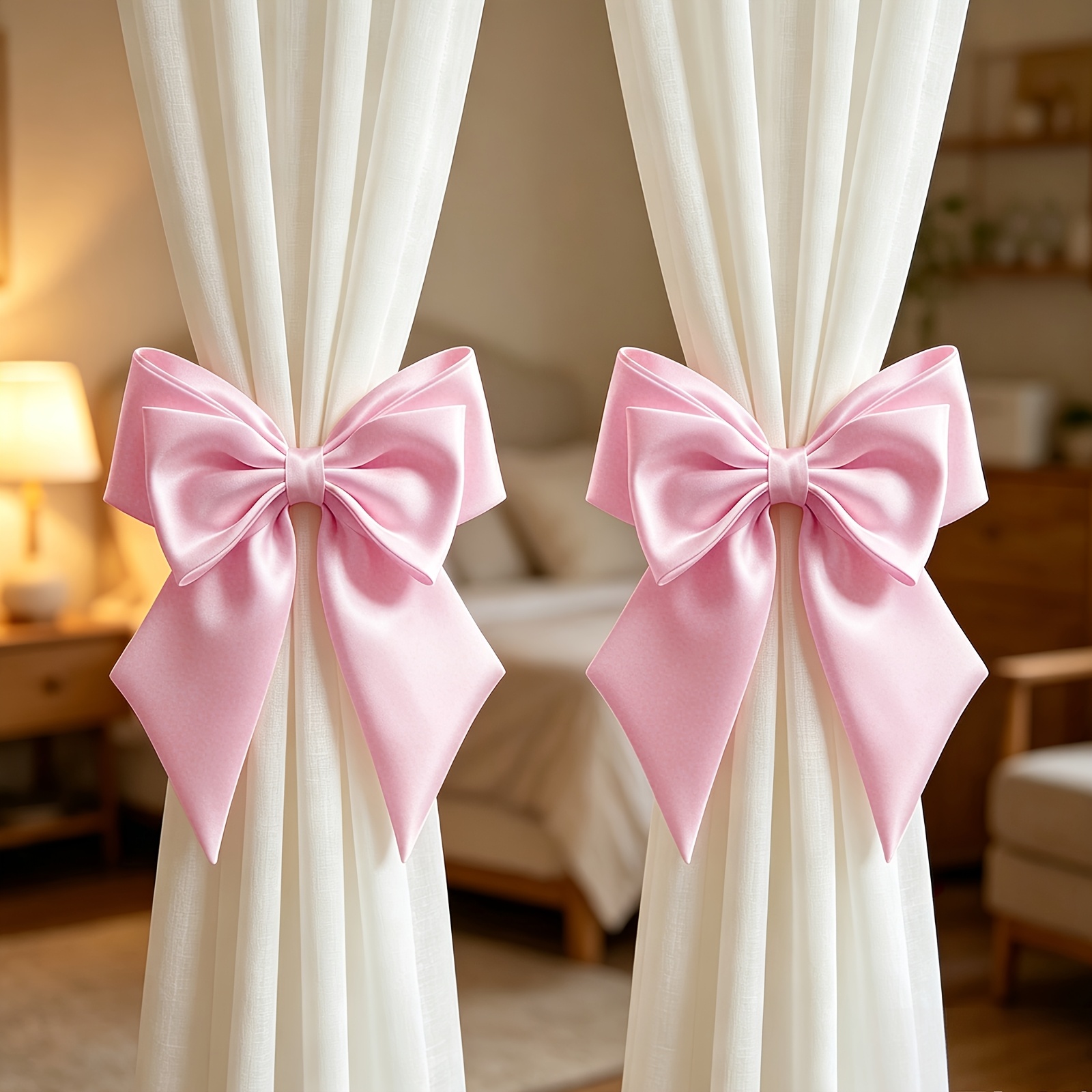 TEMU 2pcs Bow With Ribbon - Elegant Bow With Ribbon Curtain Tiebacks, Luxurious Holders For Drapes, Blinds, Curtains, French Country Style Curtain