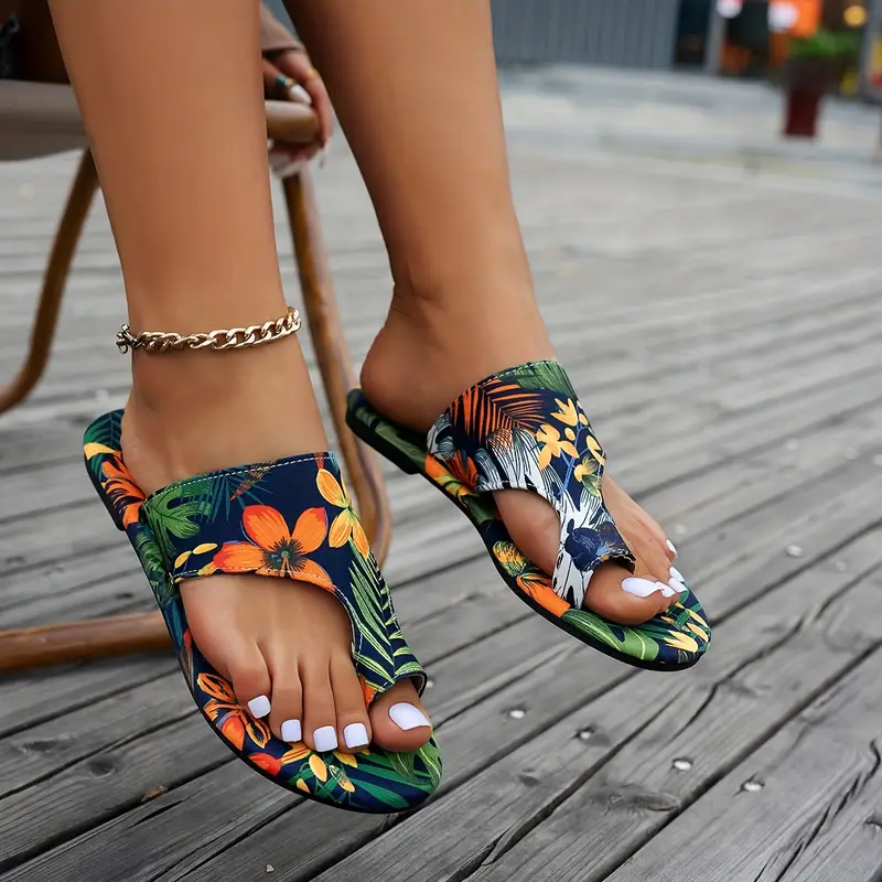 vibrant womens tropical print flat slide sandals stylish open toe casual summer footwear with toe for indoor outdoor use strappy sandals details 2