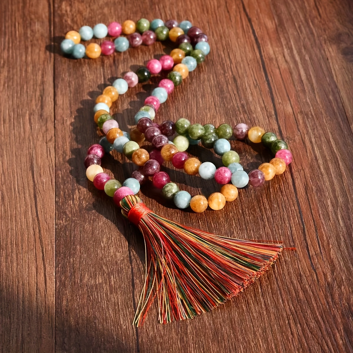 Image of 99-bead Necklace, Colorful Natural Stone Bead Strand, Handmade Rosary, Multicolor Natural Stone Bead Long Necklace With Tassel Pendant, Bohemian Style Sweater Chain