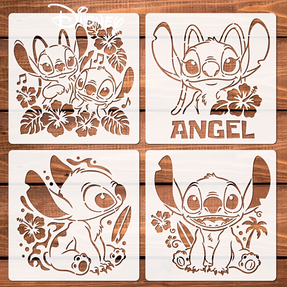 E-shop 4er-Pack Lilo & Stitch Schablonen mit Lilo & Stitch-Figuren - 15,24 cm cremefarbene Kunststoffschablonen geeignet für Wandkunst, Bastelarbeiten,