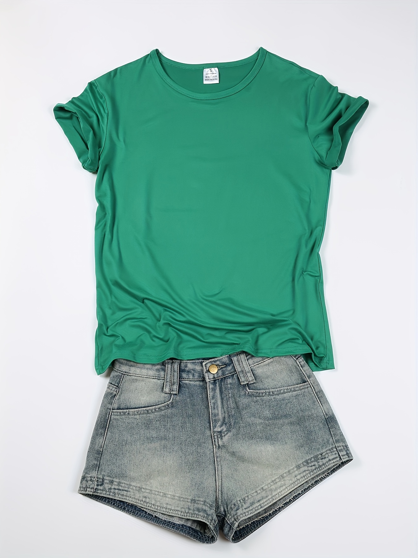 Solid Crew Neck T-shirt, Short Sleeve Casual Top For Summer & Spring, Women's Clothing