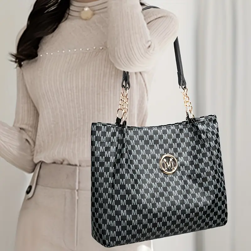 geantă de umăr vintage geometrică pentru femei cu lanț aurit, capacitate mare pentru zilnică, călătorii și cumpărături - alb/negru Detaliile articolului 8