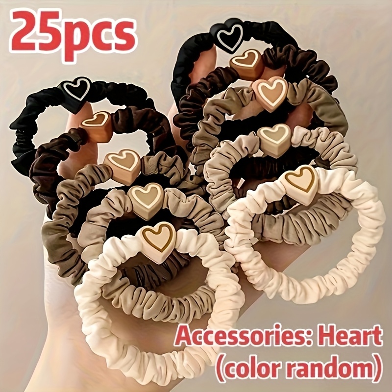 25pcs Random Color Simple And Elegant Heart Hair Ties, High Elasticity Durable Hair Bands