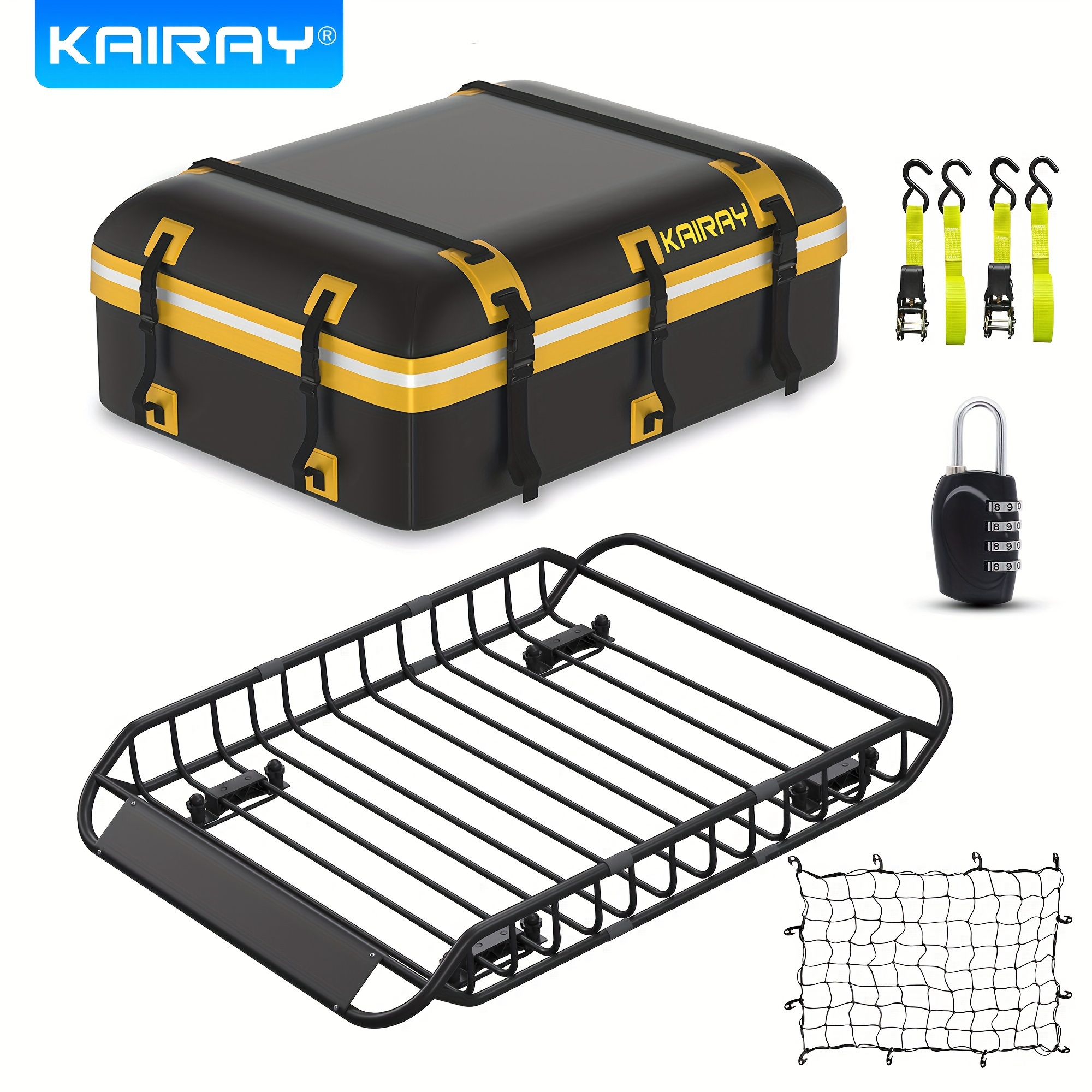 

Kairay Roof Rack Cargo Basket Extendable Universal Rooftop Luggage Carrier For Truck Cars Suv With Waterproof Cargo Bag, Cargo Net, Ratchet Straps & Outdoor Combination Lock
