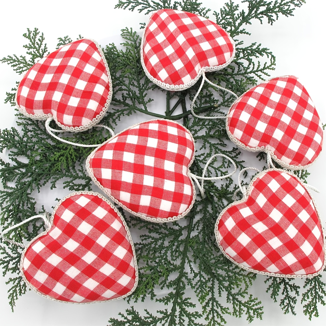 

6-pack 3.5inch Red Gingham Heart Decorations - Modern Polyester Fabric Heart Ornaments For Valentine's Day, Wedding, Engagement, Bridal Shower - Hanging Decor Without Electricity