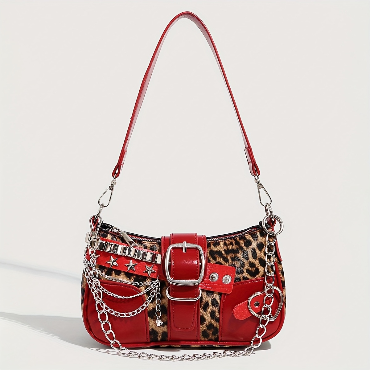 1pc Women', Vintage Leopard Print Contrast Crescent Bag, Red Bag With Chain, Y2k Style Spicy Bag, Shoulder Underarm Bag, Fashion Trendy Shoulder Body Bag