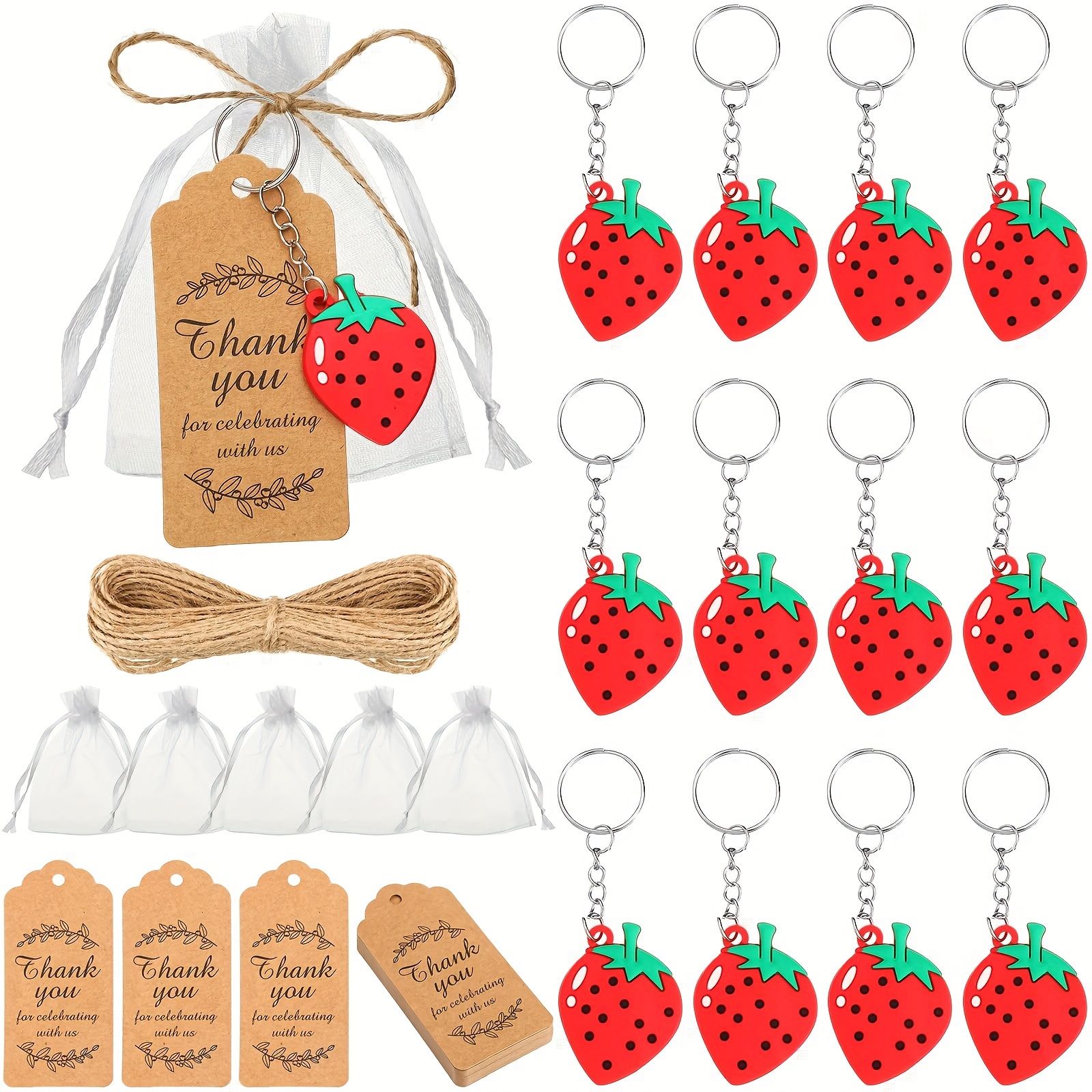 

Strawberry Keychain Party Favor Set - 37 Pcs Red Plastic Strawberry Themed Keychains With Thank You Tags, Gift Bags, And Hemp Rope For Shower And Party Guests