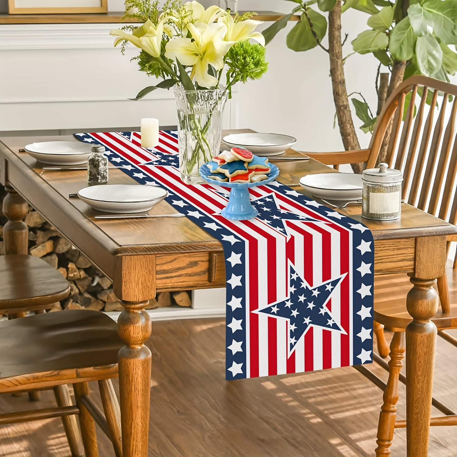 

1pc, 4th Of July Stars And Stripes Table Runner, Patriotic Usa Independence Day Table Cloth Decorations For Outdoor Indoor Home Kitchen Dining Room Party Decor