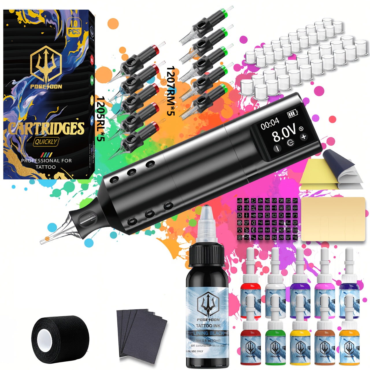 Poseidon Tattoo Pen Kit - Wireless Tattoo Machine, Tattoo Gun Kit With Power Supply And 10pcs Cartridge Needles, Complete Tattoo Supplies For Beginners