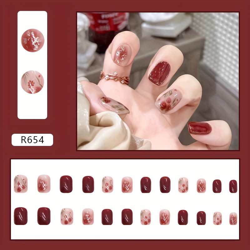 TEMU Nail Art With Rose Red And Gradient, Ice Transparent Red Fake Nails [jelly Glue]