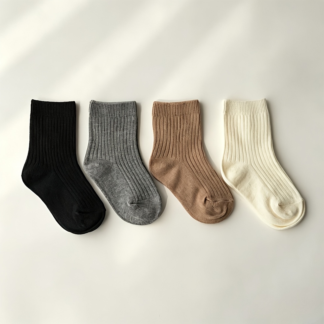 Image of 4 Pairs Of Children's Socks - Boys' Spring, Autumn And Winter Socks, Girls' Autumn And Winter Mid-calf Socks (japanese-style Korean Style), Solid-color Baby Socks For Girls, Boys' Baby Socks