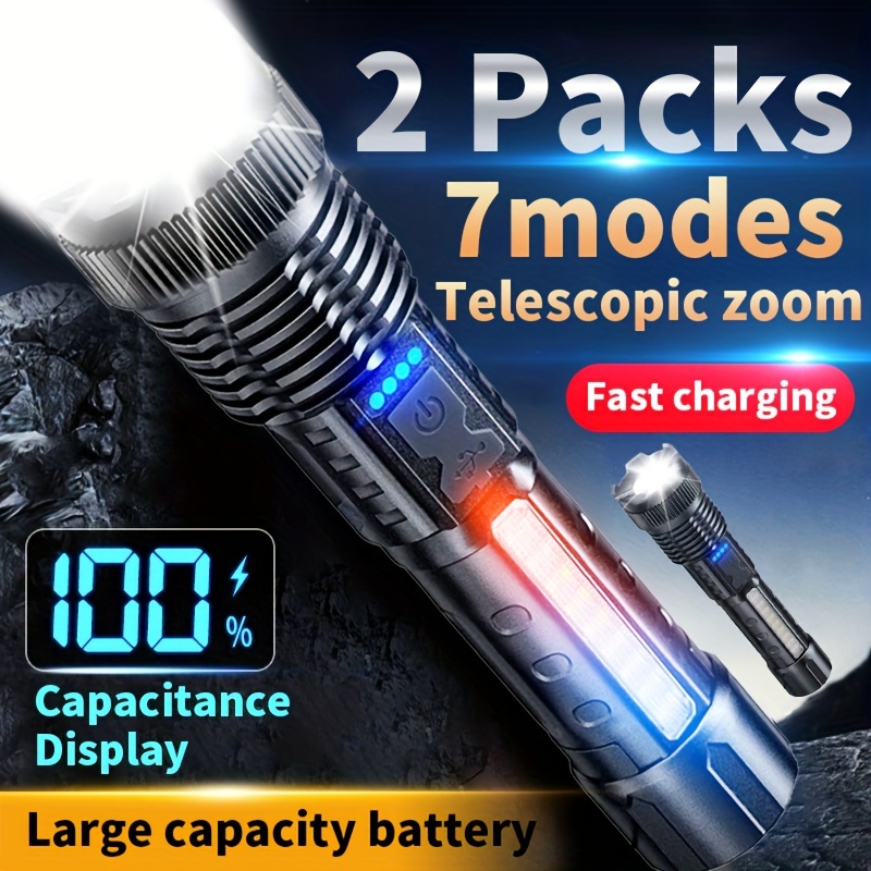 

2 Packs Flashlights, With Warning Lights, , Long , Easy To Carry, Usb Charging, A Of Of Light, Suitable For Home, Outdoor, Camping, Fishing And Other Use