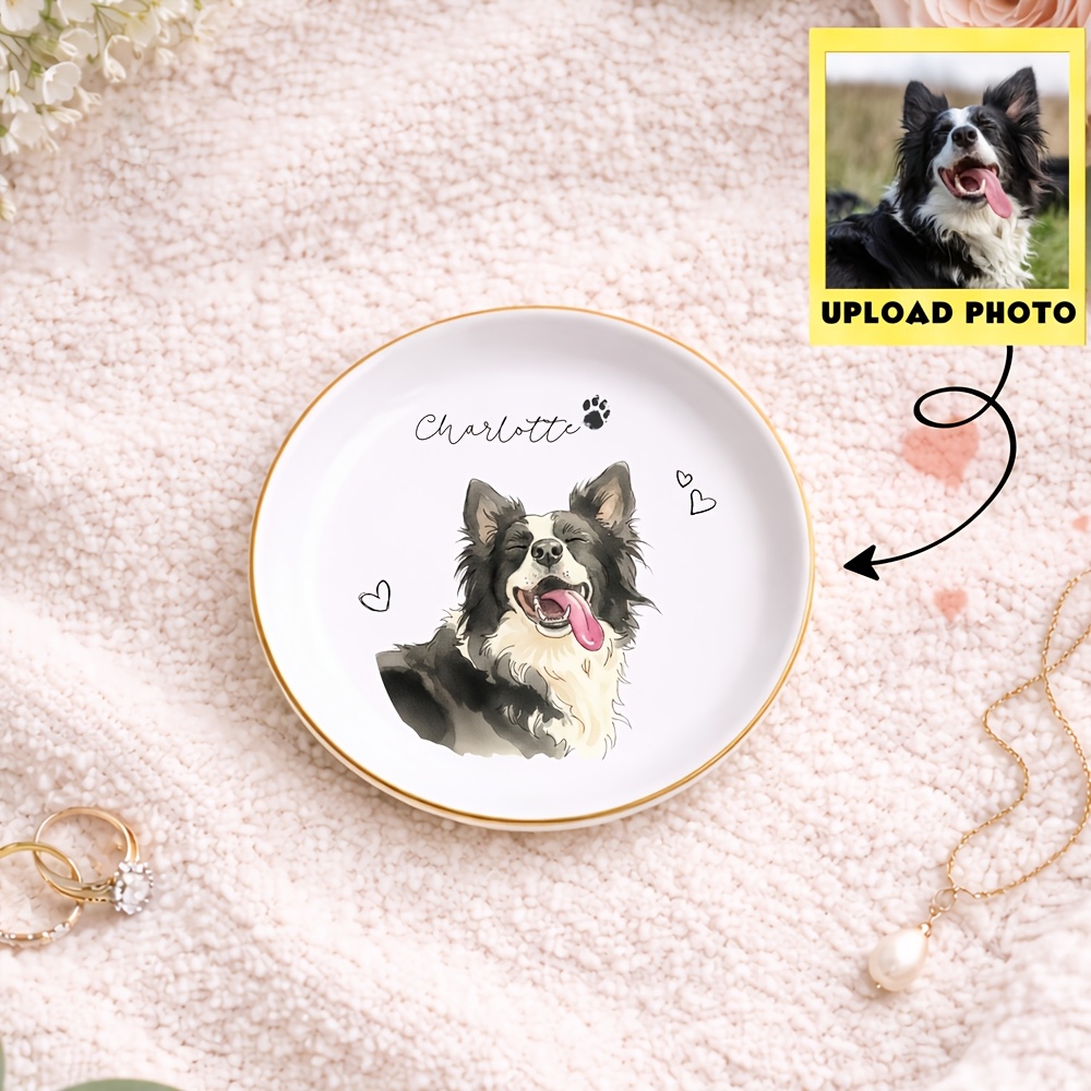 TEMU Personalized Pet Photo Ceramic Ring Dish & Trinket Tray - Custom Watercolor Dog Portrait Name/photo Plate, Tabletop Decor Suitable For, Desk,,
