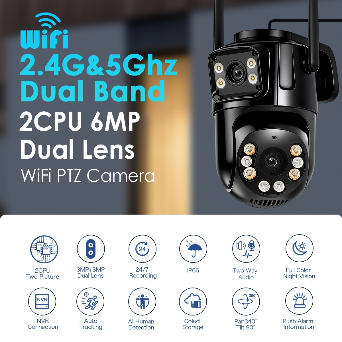 Система за домашна сигурност с камера 6MP, непрекъснато записване 24/7, стабилен Wi-Fi сигнал 2.4/5Ghz, PZT 360° широко покритие, цветно нощно виждане, съхранение в облак/SD карта, без абонаментни такси, лесна инсталация за външна домашна сигурност, безжична външна камера с нощно виждане, захранване