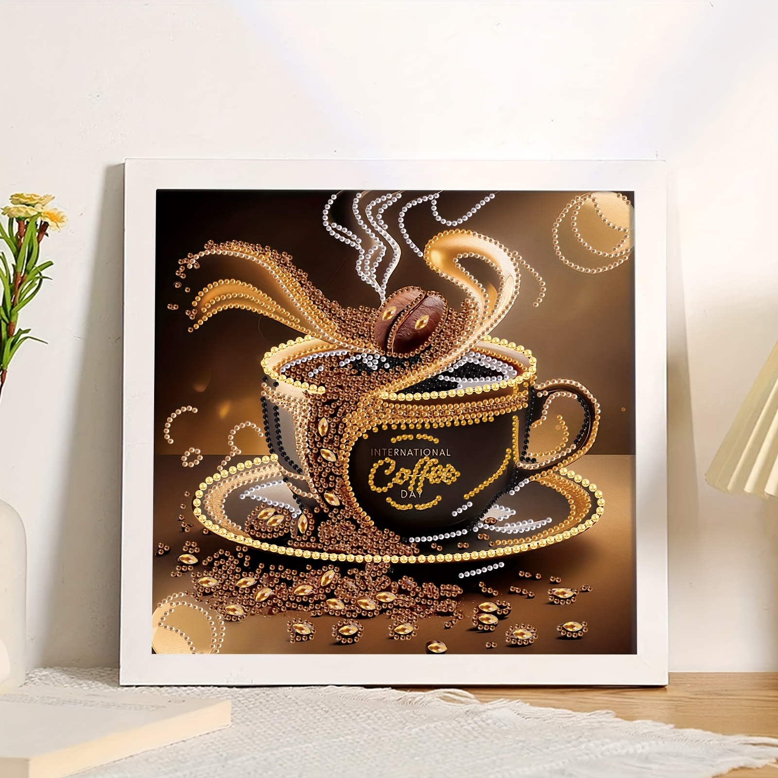 Image of 3d Coffee Cup Decor - Elegant Black Acrylic Coffee Mug With Golden & White Beads, Perfect For Home, Living Room, Or Bedroom Wall Hanging, Coffee Decor|elegant Coffee Cup|detailed Design