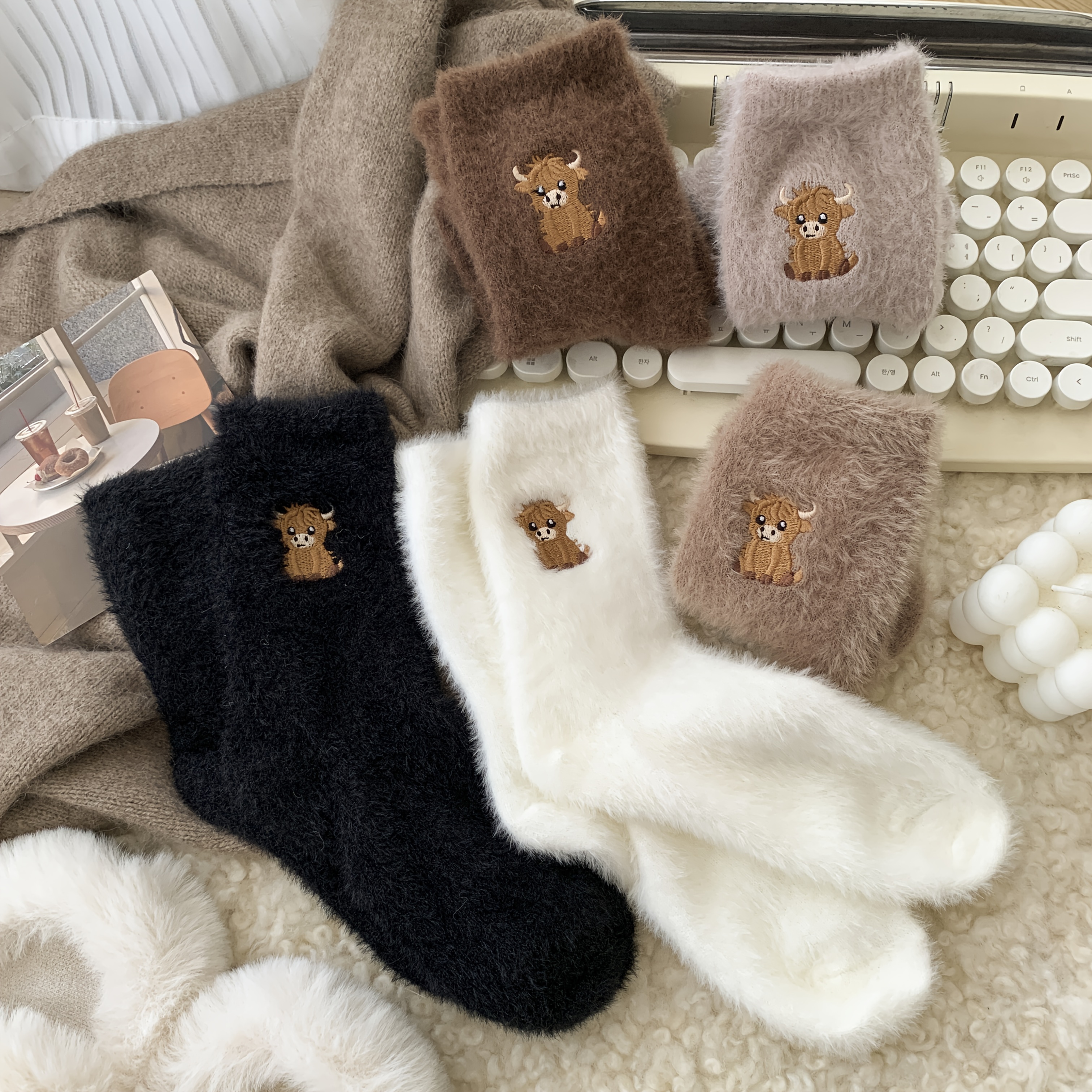 5 pairs womens cow embroidered plush socks winter thick warm soft floor socks with cute cartoon cow design   lounge socks for cold weather brown neutral tones hand   clean fluffy socks indoor       fabric construction  able loungewear stylish loungewear durable stitching     Product details 5