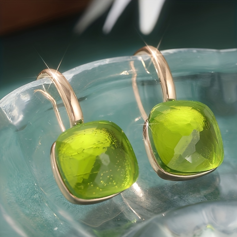 Women's High-End Green Square Faceted Cut Glass Earrings
