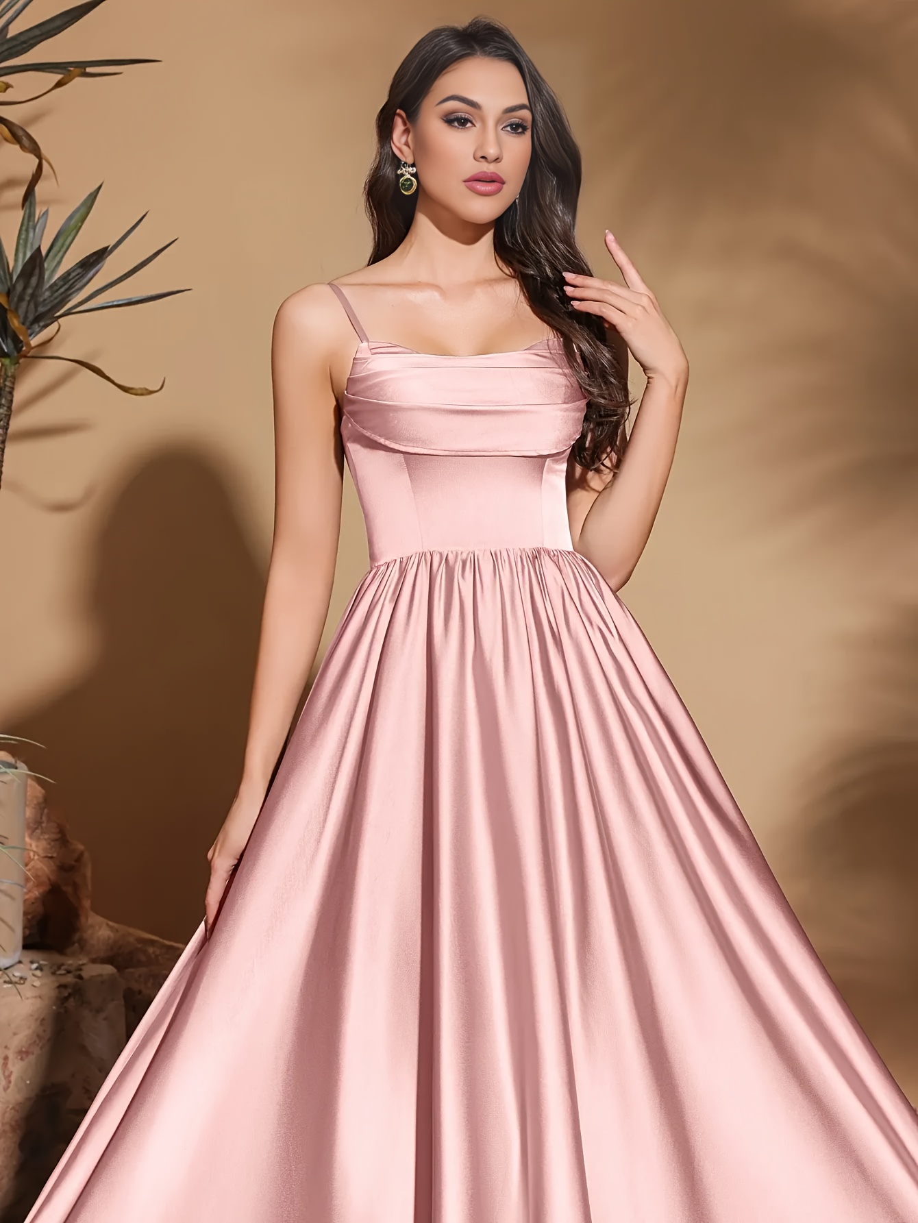 Elegant Pink Satin Gown with Ruched Chest and Flowing Skirt Sleeveless  Design Parties and Formal Events