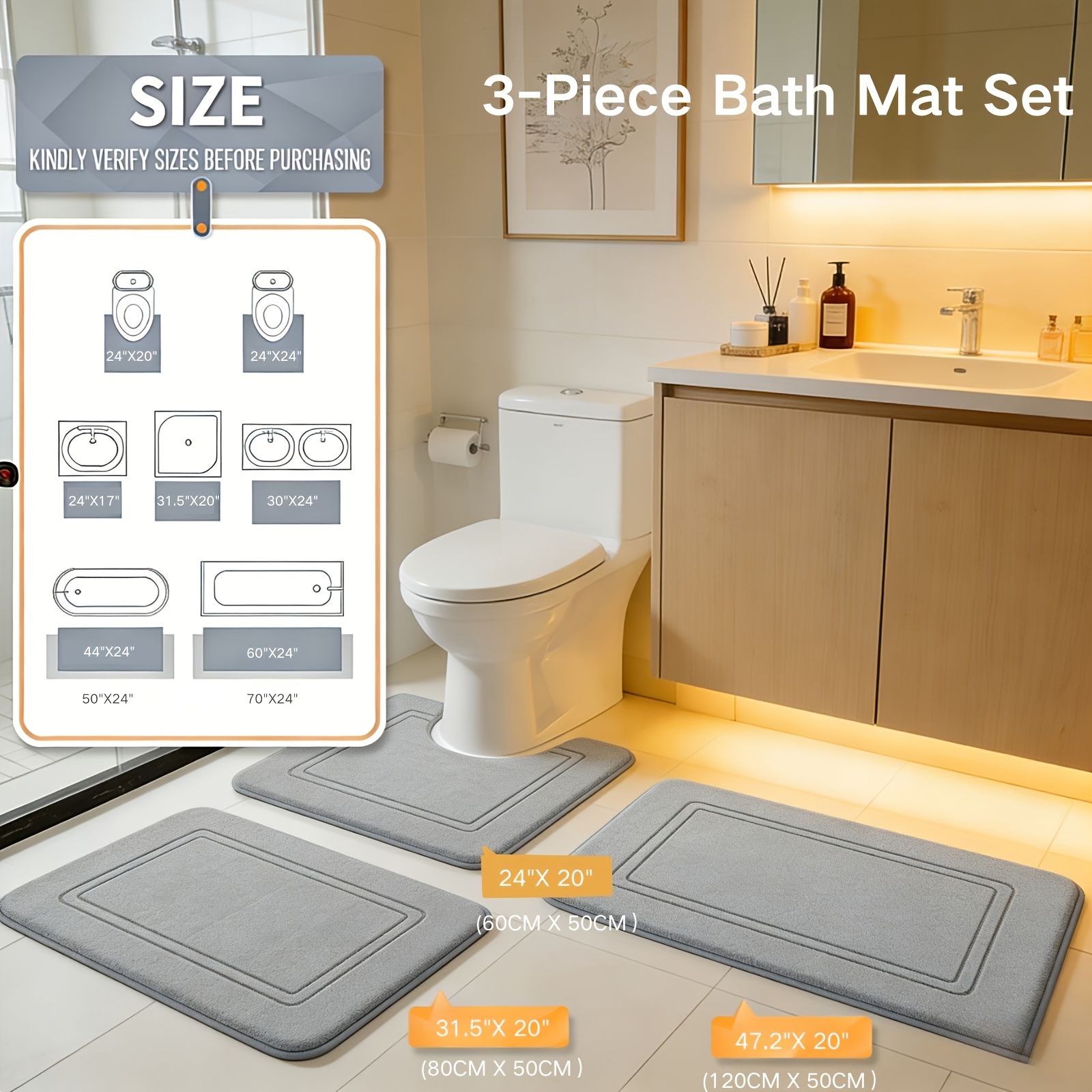 3pcs luxury memory foam bath mat set soft absorbent bathroom rugs non slip quick dry washable carpet for toilet shower bathroom floor