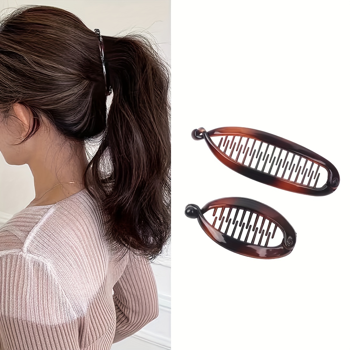 

2pcs Elegant Simple Amber Color Vertical Banana Hair Clip Basic Back Head Ponytail Tie Hair Clip Hair Card For Daily And Casual