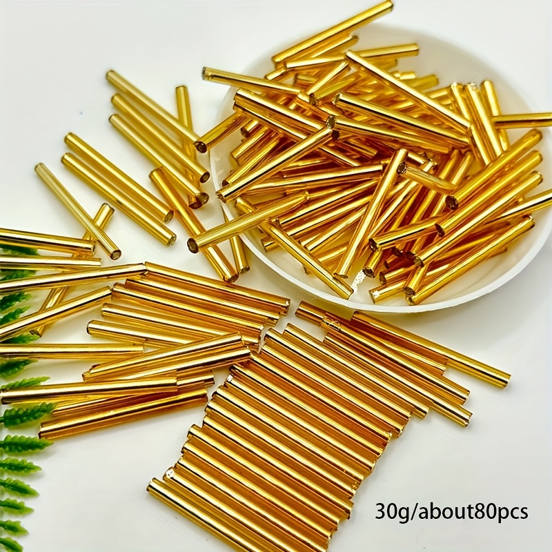 TEMU 30G/1.05Oz Cuentas de Vidrio de Tubo Largo Doradas y Plateadas - Aproximadamente 80 Cuentas Espaciadoras Elegantes, 3*25Mm Adecuadas para