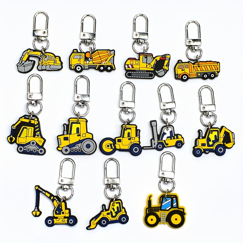 12pcs Plastic Yellow Excavator Keychain, Bulldozer Key Pendant, Mixer Truck Key Chain, Purse Backpack Decoration Luggage Charm Accessories Birthday Party Supplies Gift