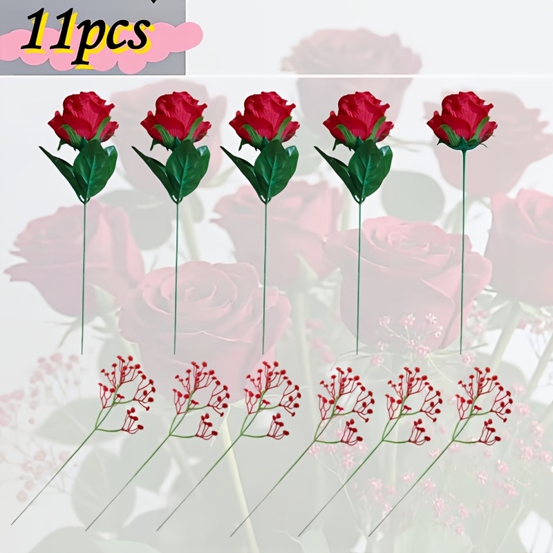 TEMU 11-stem Bouquet - Realistic Long-stem Artificial Roses And Baby's Breath With Vibrant Mixed Colors And Natural Leaves. The Lifelike Appearance