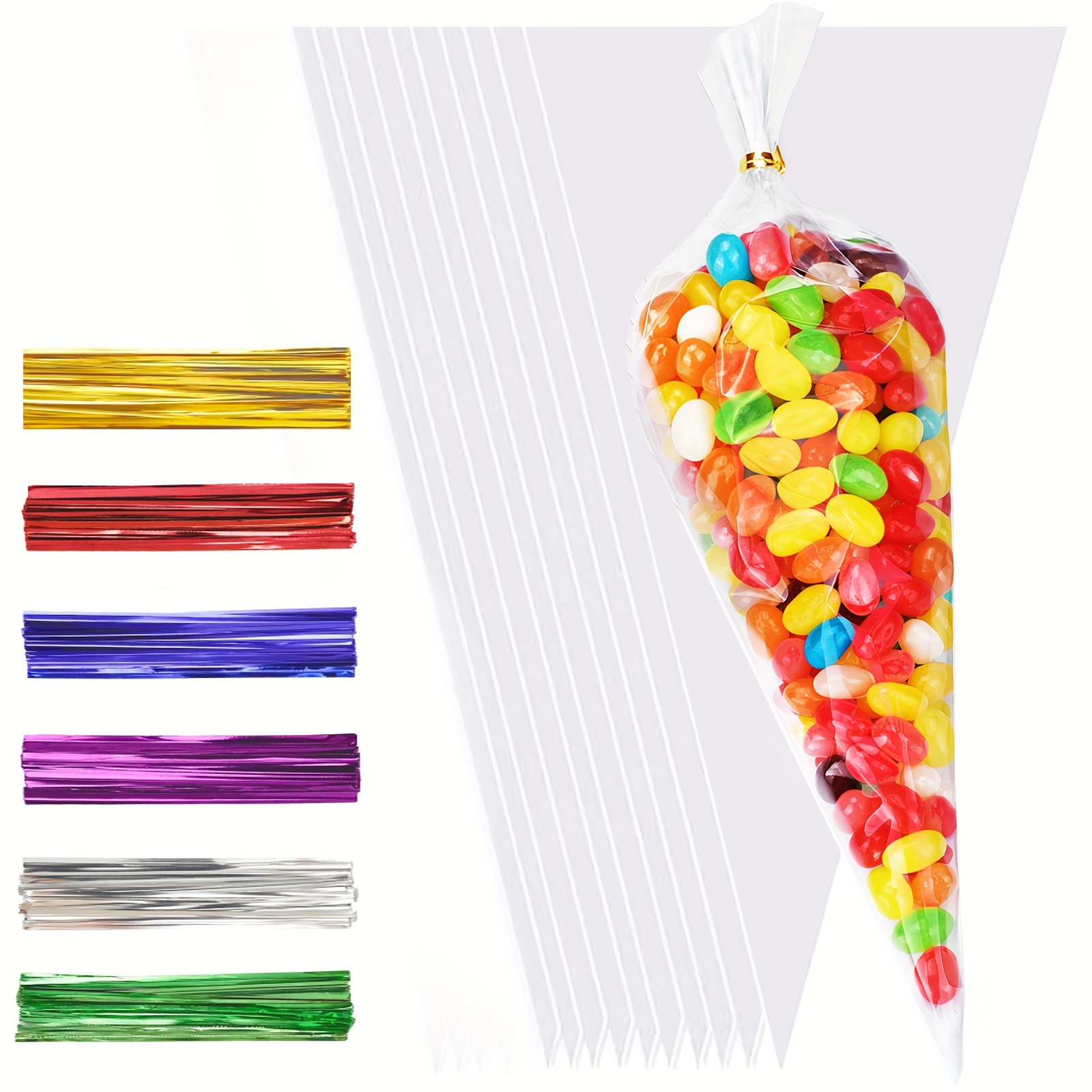 100pcs 30 16cm sweet cones bags sweet cone bags with 100pcs colorful ties and 100pcs golden ties   clear bags for goods packaging of birthday and other festivals