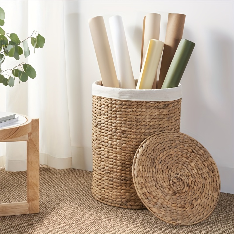 

Hittop 1pcs Ludmilla Round Tall Water Hyacinth Woven Wicker Laundry Hamper With Lid - For Clothes, Canvas, Toys And Book Storage With Removable Liner - 15" X 15" X 20" - Natural Brown