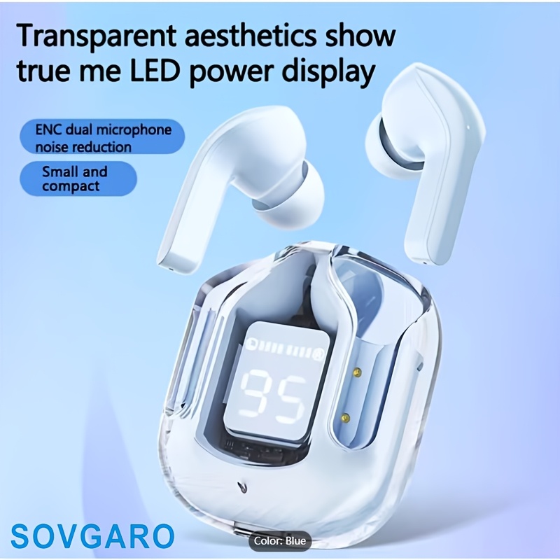 Wireless Earbuds 5.3, 24-Hour Battery Life, LED Power Display Transparent Charging Case, Cute Light Blue In-Ear Headphones, Suitable for Women And Girls, Ideal for Sports, Travel, And More, Compatible with Iphone And Android Devices