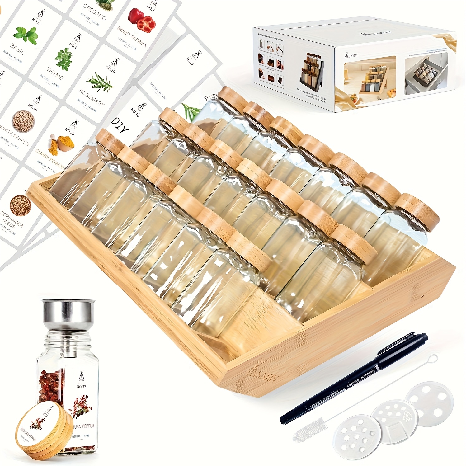 Bamboo Lid Glass Spice Jars 21pcs Set With Wooden Shelf Kitchen Spice Storage Set Stickers + Marker + Funnel, Spice Bottle Storage Jar Set