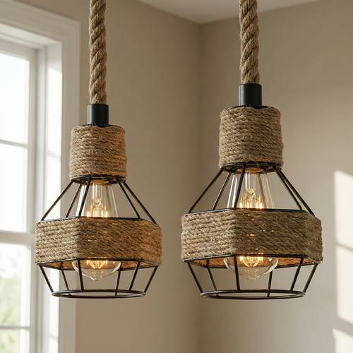 luminaire suspendu en corde de , lampe en métal style vintage, plafonnier rétro de ferme pour îlot de cuisine, salle à manger, bar, café, restaurant, base e27 (ampoule non )