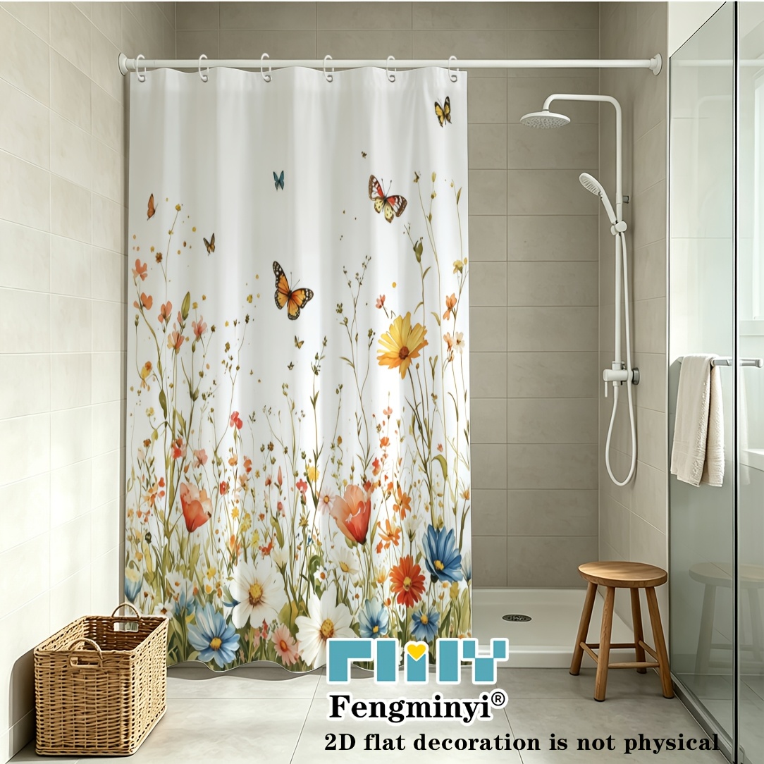 TEMU 2d Flat, 2d Curtain 1pc, Vibrant Floral And Print Shower Curtain With Hooks, Suitable For Home And Hotel, Washable Curtain For A Pastoral And