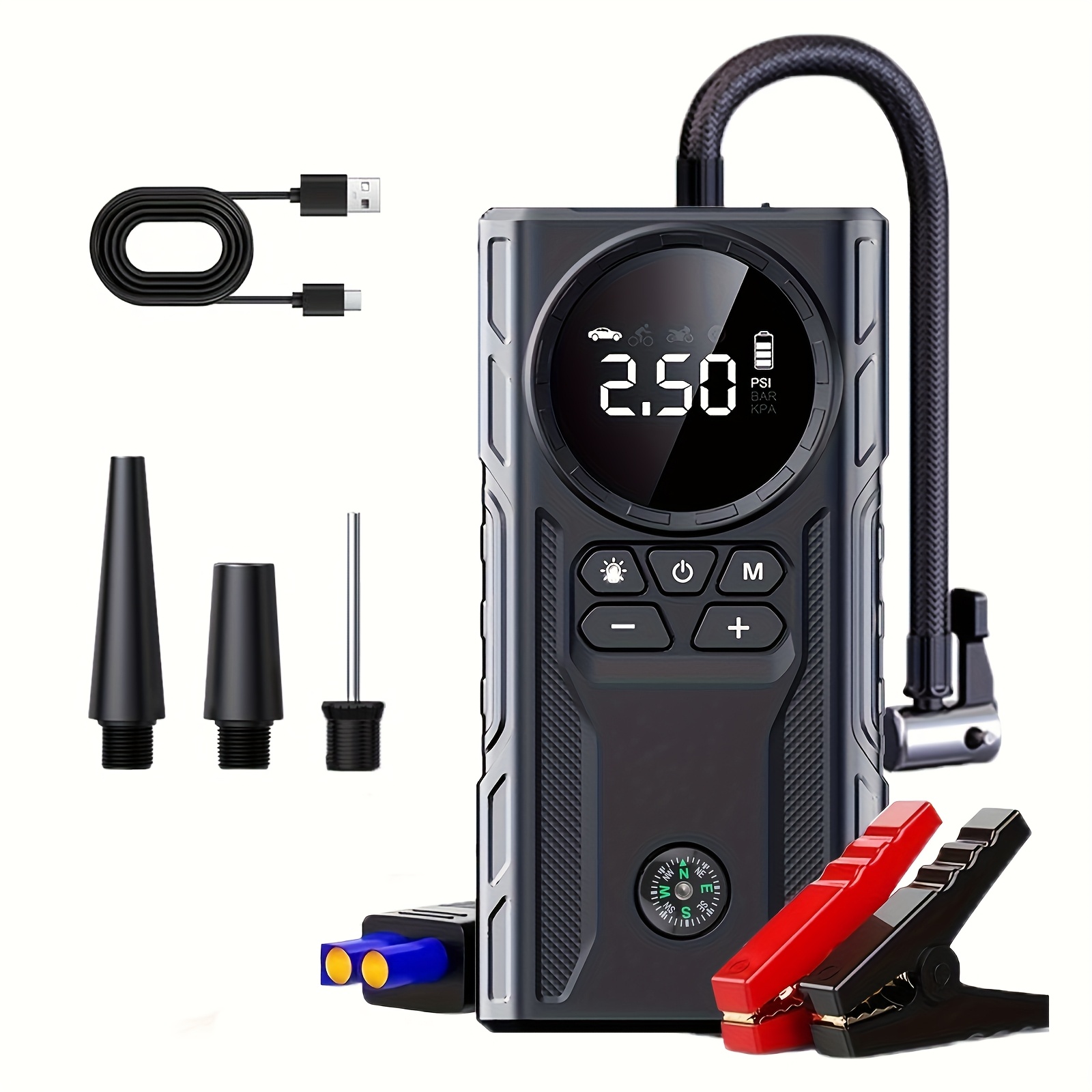 Jump Starter with Air Compressor, * 150PSI Battery Jumper Starter Portable (9.0 Gas/2.11gal Diesel), 12V Jump Box Car Battery Jump Starter with Smart Jumper Cables, 3 * Flashlight, LCD Display