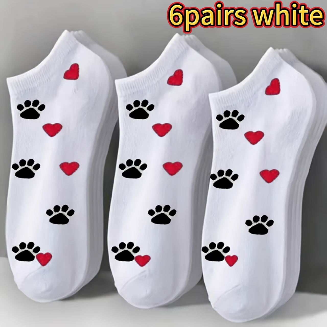 TEMU 6 Pairs Cat Paw Heart Cute Women's Short Socks, Black And White 2 Colors , Cat Paw Heart Pattern Socks, Comfortable And Breathable Daily