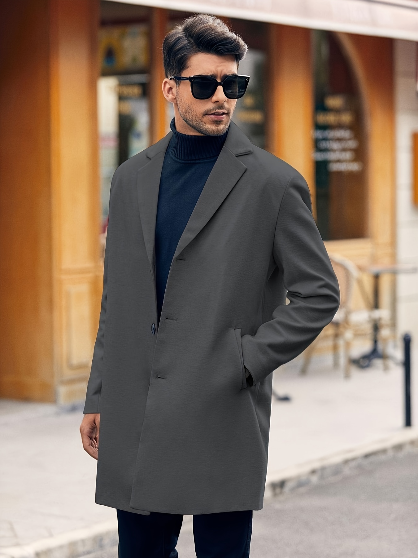men's fit notched collar trench coat warm soft single - Temu