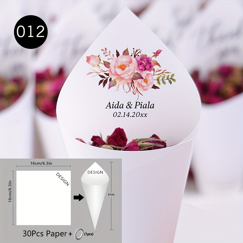 TEMU 30pcs Of Set Diy Wedding Cone For Petal Toss Personalized Confetti Cones Custom 17 Styles White Paper Cone For Bridal Shower Party Decoration
